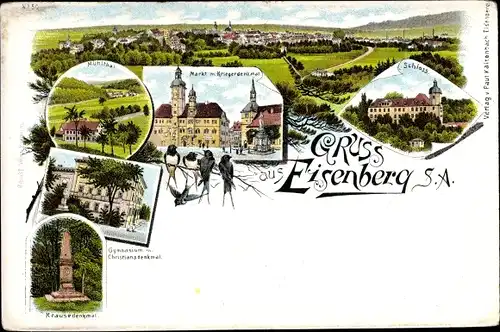 Litho Eisenberg Thüringen, Panorama, Schloss, Markt, Kriegerdenkmal, Gymnasium, Mühltal