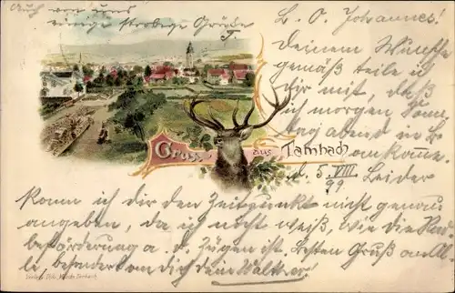 Litho Tambach Dietharz in Thüringen, Panorama vom Ort, Hirsch