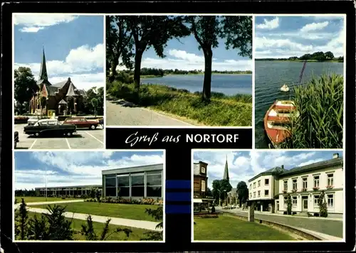 Ak Nortorf in Schleswig Holstein, St. Martins Kirche, Borgdorfer See, Realschule, Poststraße