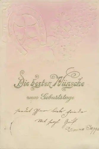 Präge Litho Glückwunsch Geburtstag, Hufeisen, Kleeblätter