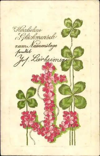 Präge Litho Glückwunsch Namenstag, Kleeblätter, Anker, Blüten