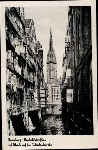 Ak Hamburg Mitte, Steckelhörnfleet mit Blick auf die Nikolaikirche