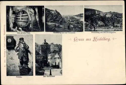 Ak Heidelberg am Neckar, Das Große Fass, Perkeo, Schlosshof, Panorama von der Hirschgasse
