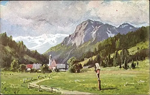 Künstler Ak Splitgerber, Gebirgslandschaft, Ortschaft, Wegkreuz