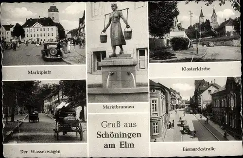 Ak Schöningen Niedersachsen, Klosterkirche, Marktbrunnen, Marktplatz, Wasserwagen, Bismarckstraße