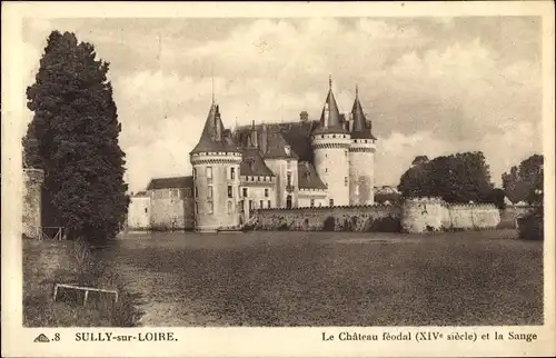 Ak Clery Loiret, Le Château féodal et la Sange