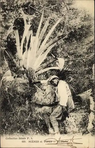 Ak Scenes et Types, Maghreb, La Sieste, ruhender Araber