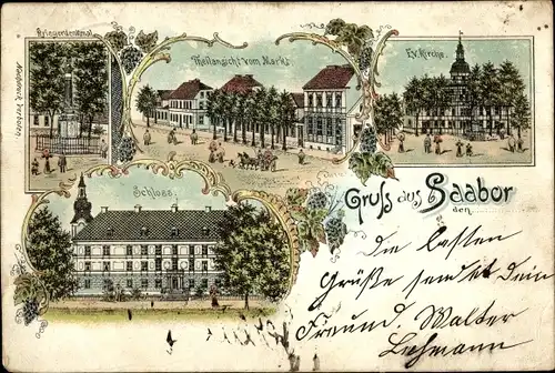Litho Zabór Saabor Fürsteneich Schlesien, Kirche, Markt, Schloss, Kriegerdenkmal