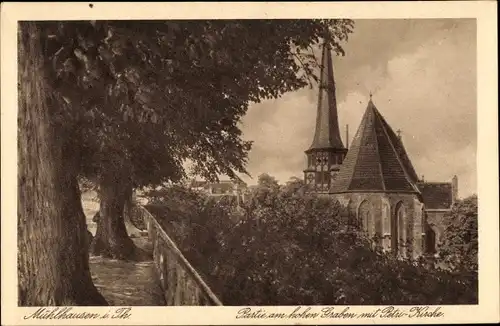 Ak Mühlhausen in Thüringen, Partie am hohen Graben, Petrikirche