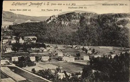 Ak Jonsdorf in Sachsen, Panorama vom Ort, Spitze Stein, Drei Tische, Hochwald, Mühlsteinbrüche