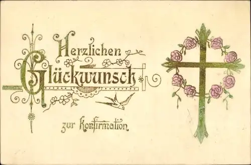 Präge Ak Glückwunsch Konfirmation, Kreuz, Rosen