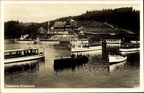 Ak Kriebstein Mittelsachsen, Talsperre, Motorboote auf der Talsperre Kriebstein, Gaststätte