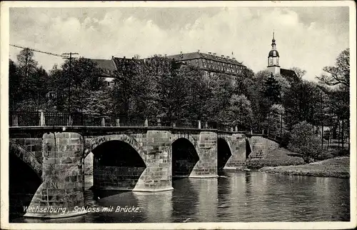 Ak Wechselburg in Sachsen, Schloss mit Brücke