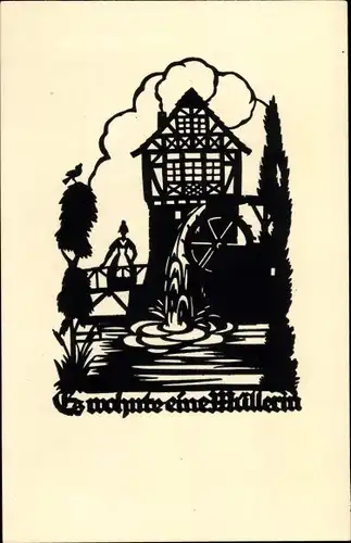 Künstler Scherenschnitt Ak Schwindt, A. M., Es wohnte eine Müllerin, Wassermühle