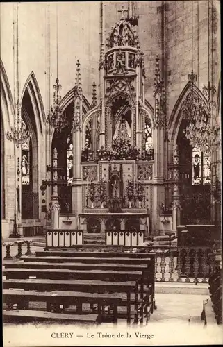 Ak Clery Loiret, Intérieur de l´Église Le Trône de la Vierge