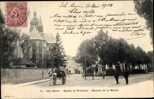 Ak L'Isle Adam Val d’Oise, Eglise et Fontaine, Square de la Mairie