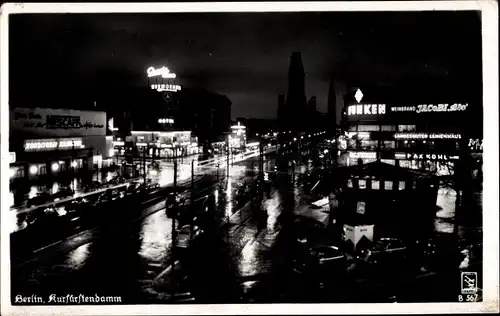 Ak Berlin Charlottenburg, Kurfürstendamm bei Nacht, Lichter ,Funken, Weinbrand Jacobi, Klinke B567