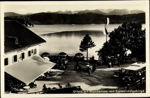 Ak Urfeld Kochel am See Oberbayern, Hotel Post, Walchensee, Karwendelgebirge
