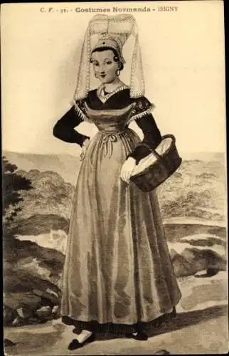 Litho Ak Isigny sur Mer Calvados, Costume de Normande