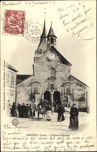 Ak Breteuil Eure, Eglise Saint Sulpice, femme en costume