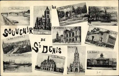 Ak Saint Denis Seine Saint Denis, La Mairie, L'Abbaye, L'Eglise, La Seine
