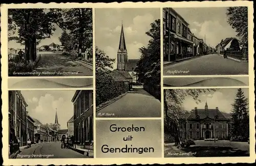 Ak Gendringen Gelderland, Kerk, Hoofdstraat, Huize Landfort, Grensscheiding Holland Duitschland