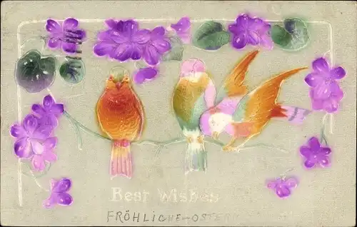 Präge Litho Best Wishes, Vögel, Blüten