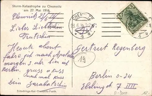 Ak Chemnitz Furth Sachsen, Fritschings Gut, Sturmkatastrophe 1916