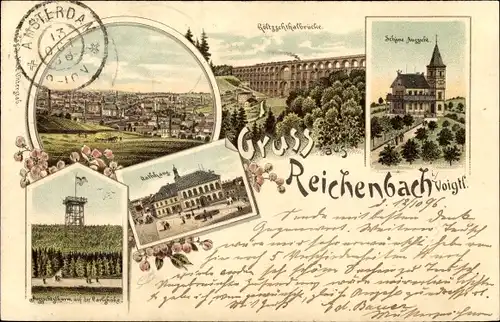 Litho Reichenbach im Vogtland, Schöne Aussicht, Götzschtalbrücke, Rathaus, Aussichtsturm