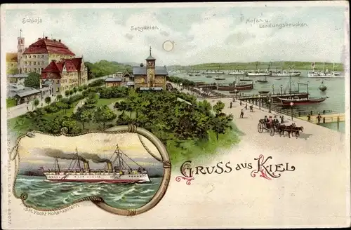 Litho Kiel in Schleswig Holstein, Schloss, Seegarten, Hafen und Landungsbrücken, S. M. Yacht