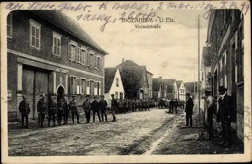 Ak Ingenheim Elsass Bas Rhin, Vizinalstraße, deutsche Soldaten