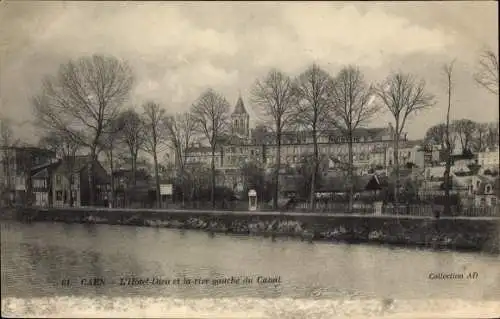 Ak Caen Calvados, L'Hotel Dieu et la rive gauche du Canal