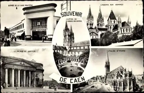 Ak Caen Calvados, Le Palais de Justice, L'Eglise St Pierre, L'Abbaye aux Hommes, Gare Routiere