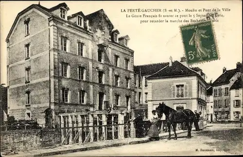 Ak La Ferté Gaucher Seine et Marne, Moulin et Pont de la Ville, cheval