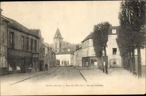 Ak Dugny Seine Saint Denis, Rue de l´Église, Place d´Armes