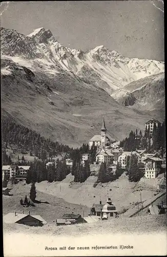 Ak Arosa Plessur Graubünden, Panorama mit der neuen reformierten Kirche