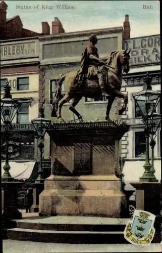Ak Kingston upon Hull Yorkshire, Statue of King William, Wappen