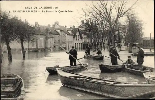 Ak Saint Mammès Seine et Marne, Crue de la Seine 1910, Place et Quai de Seine