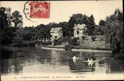 Ak Verrières le Buisson Essonne, Le Parc, Le Lac, Cygnes