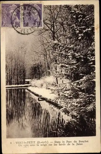 Ak Vert le Petit Essonne, Parc du Bouchet sous la Neige sur les Bords de la Juine