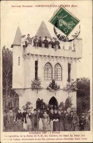 Ak Corneville les Cloches Eure, Chandeleur 1907, inauguration de la Statue de Notre Dame des Cloches