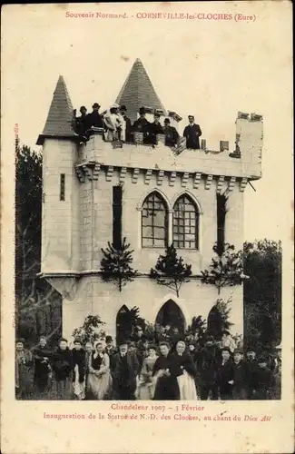 Ak Corneville les Cloches Eure, Chandeleur 1907, inauguration de la Statue de Notre Dame des Cloches