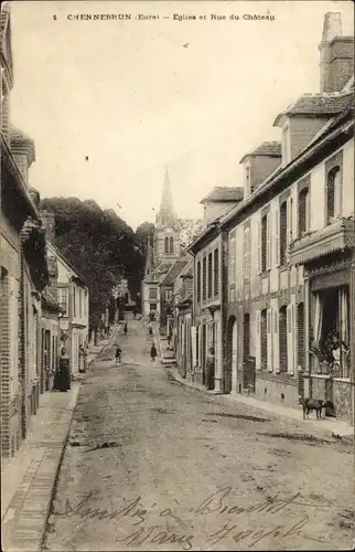 Ak Chennebrun Eure, Eglise et Rue du Chateau