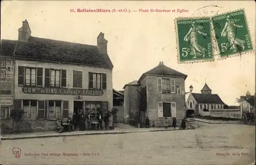 Ak Ballainvilliers Essonne Place St-Sauveur et Eglise, Epicerie