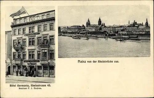 Passepartout Ak Mainz am Rhein, Hotel Germania, Rheinstraße 43, Blick von der Rheinbrücke