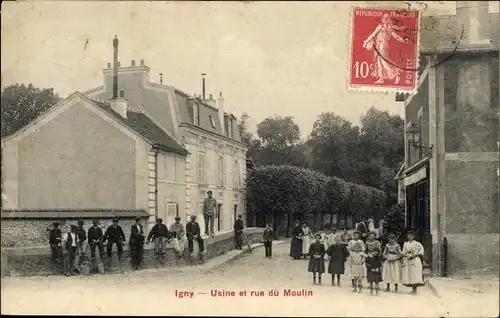 Ak Igny Essonne, Usine et rue du Moulin