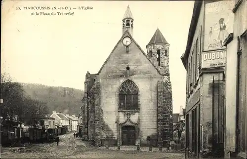 Ak Marcoussis Essonne, L´Eglise et la Place du Tramway, Chocolat Menier