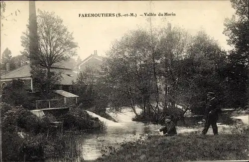 Ak Faremoutiers Seine et Marne, Vallée du Morin, rivière, pêcheurs