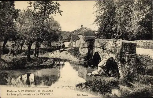 Ak Faremoutiers Seine et Marne, Pont gallo romain de la Vanderie, charrette