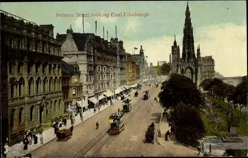 Ak Edinburgh Schottland, Princes Street looking East, Tram, Scotts Monument